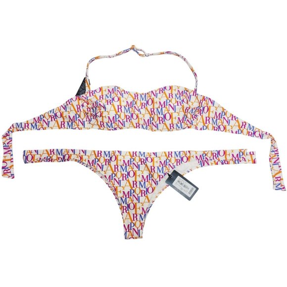 Emporio Armani Womens Multicolor Logo Bikini Set Adjustable Halter Top Side Tie - Picture 6 of 7